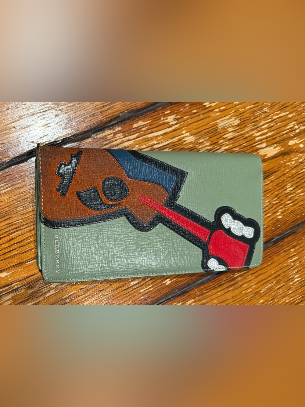 Burberry Green Leather Clutch with Multicolor Patch Graphic